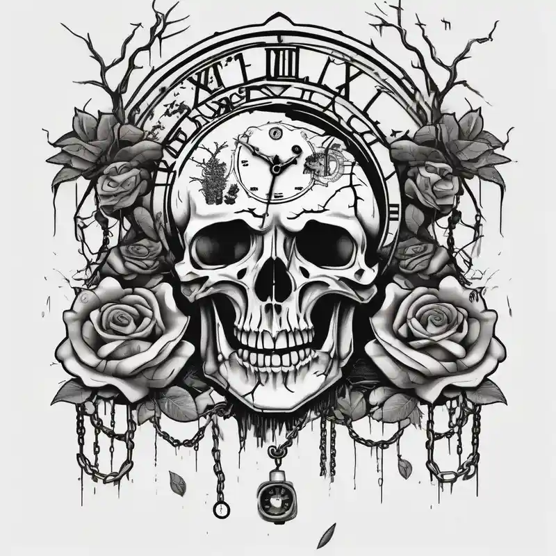 tattoo fool sleeve, tree roots break out of the chains, broken mask, clock with flying numbers, girl and skull, roses glitter – Caricatura, Blanco y negro